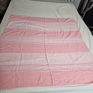 Vintage Tablecloth Pink White Woven Stripe Iridescent Silver Pattern 51"x48"
